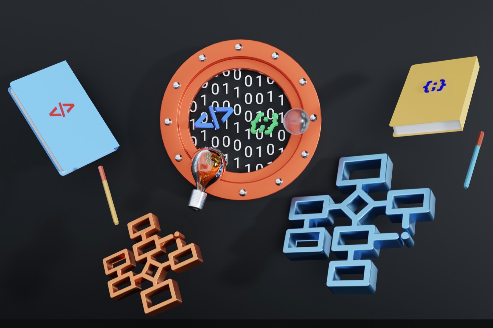 Illustration of workflow diagrams, code books and binary code inside a porthole. Photo by Growtika on Unsplash
