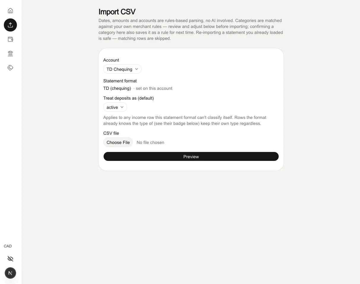 The CSV import screen, showing the account selector, statement format, deposit-handling default and file picker.