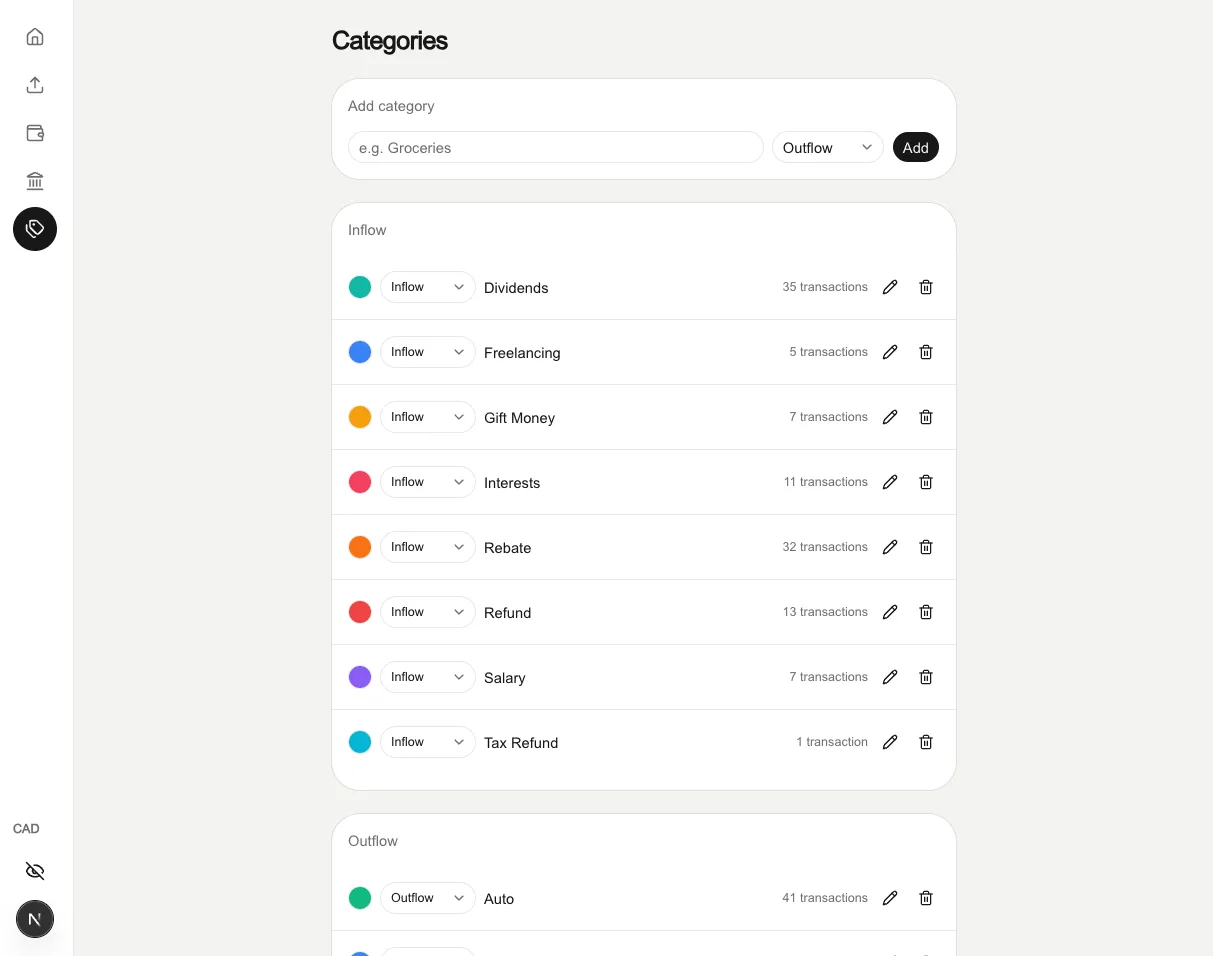 The category management screen, listing user-defined inflow and outflow categories with a live transaction count beside each one.
