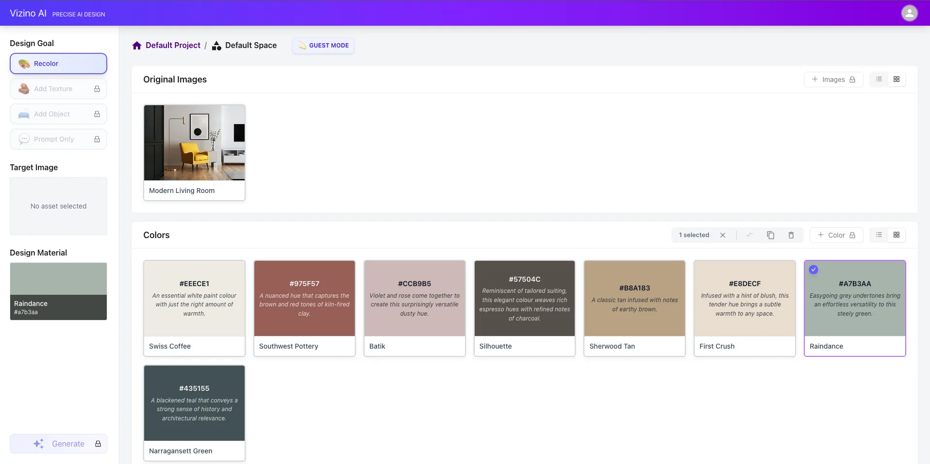 The Vizino AI workspace: a Recolor design goal in the left rail, an uploaded room photo under Original Images, and a library of named paint colours each with its hex value and description.